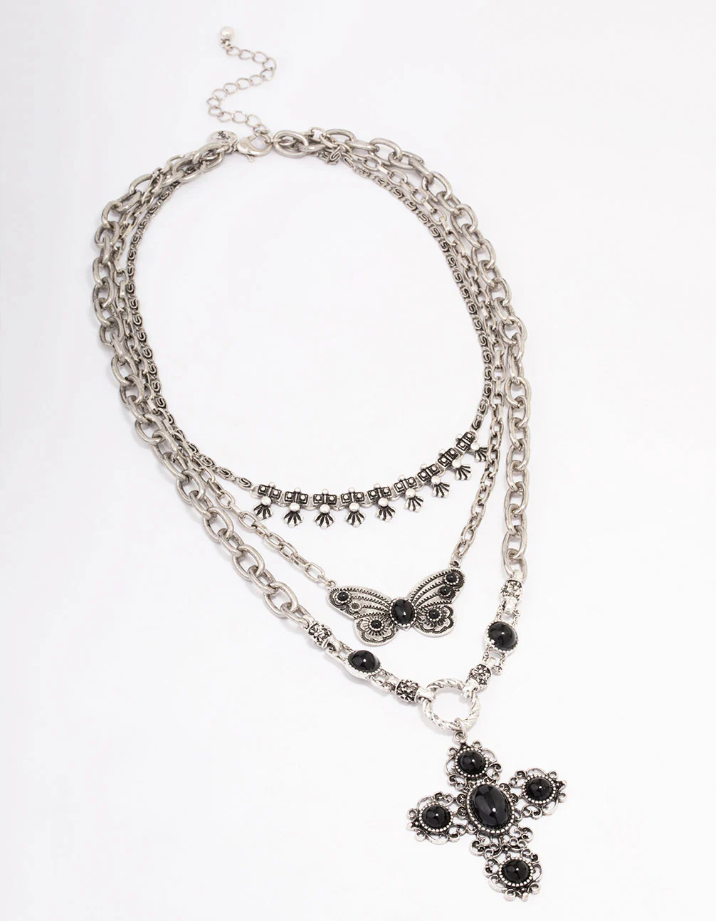 Antique Silver Butterfly Cross Stone Layered Necklace - Image 2