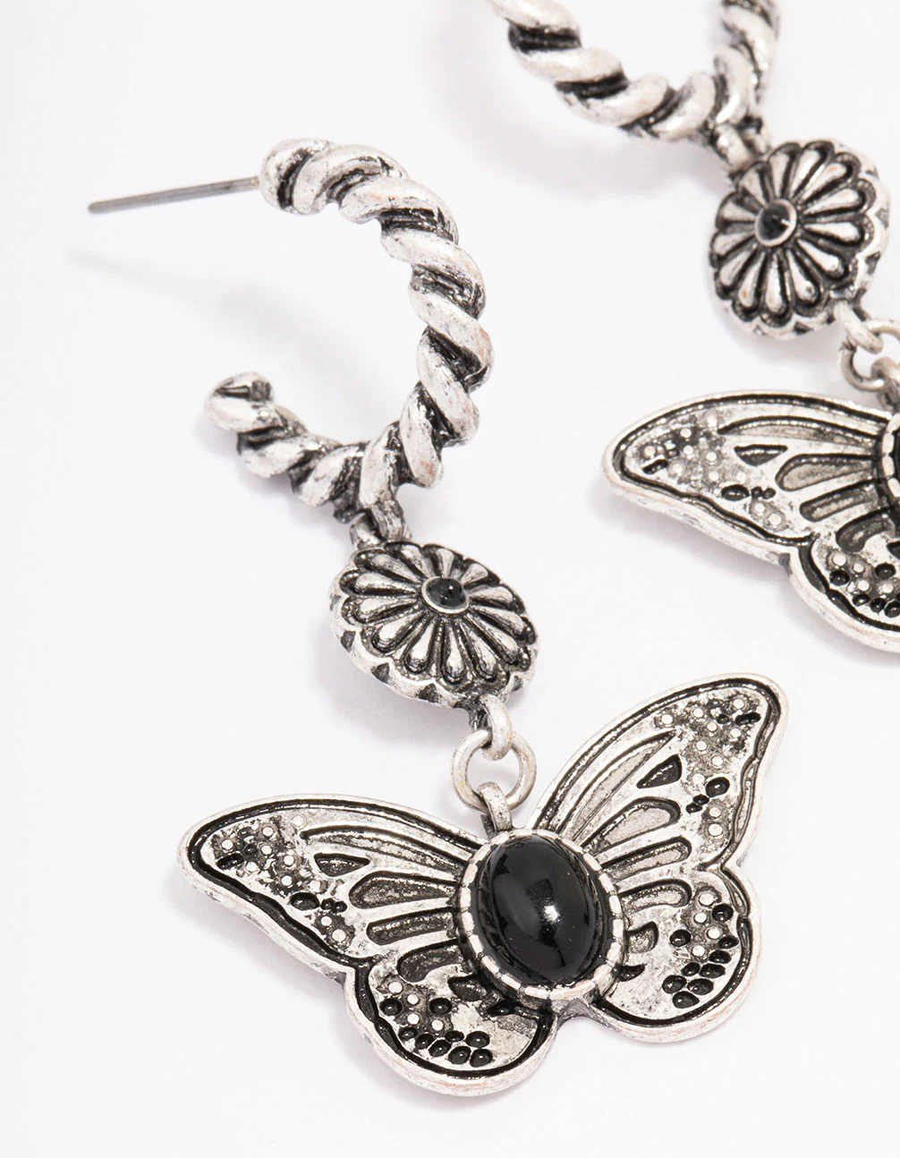 Antique Silver Butterfly Rope Drop Earrings - Image 2