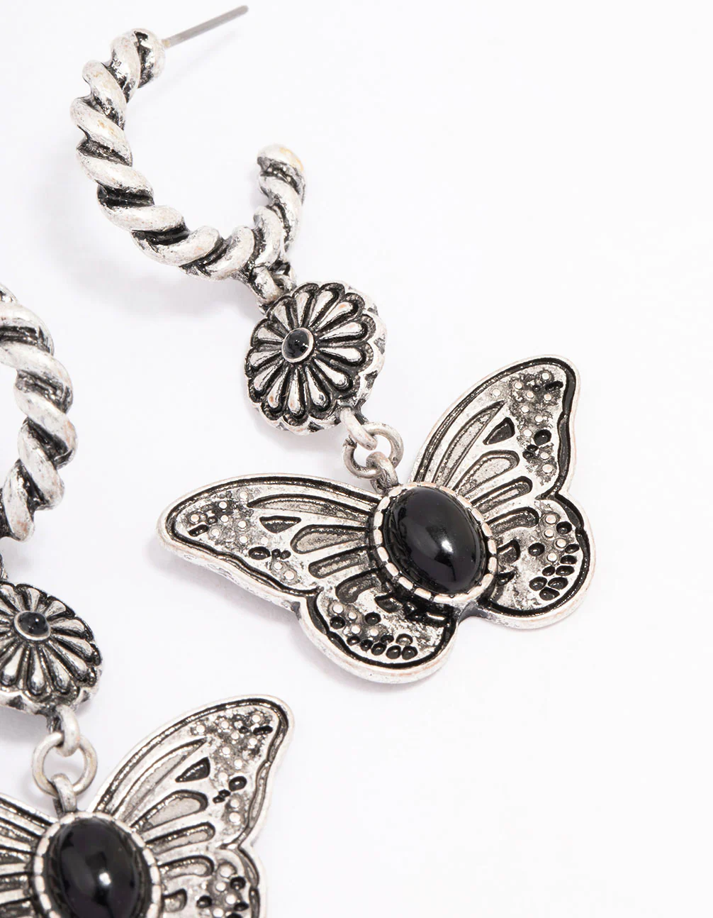 Antique Silver Butterfly Rope Drop Earrings - Image 3