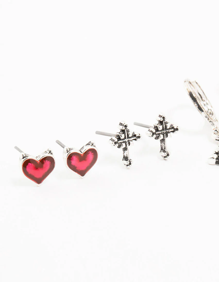 Antique Silver Cross & Heart Earrings 4-Pack - Image 2