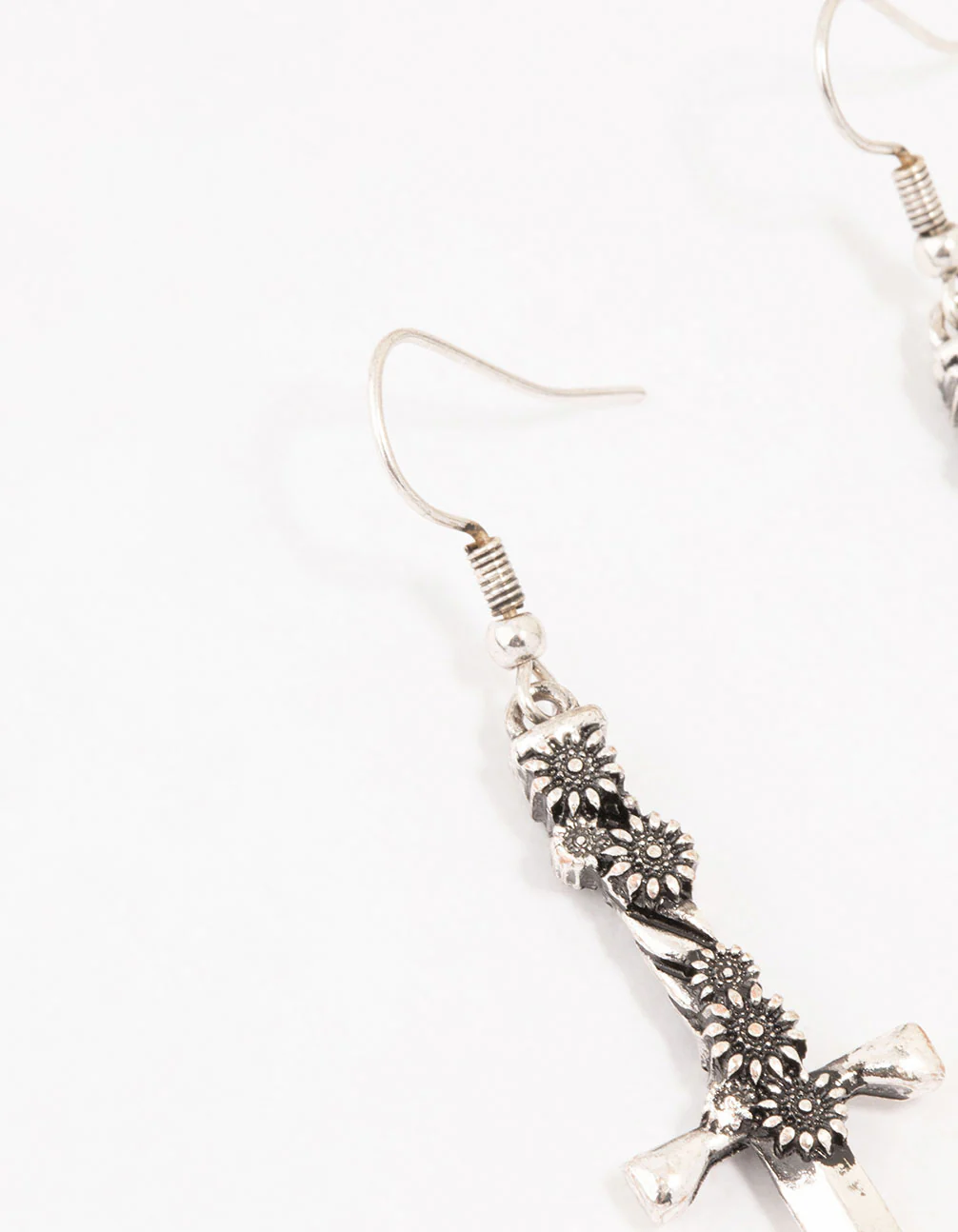 Antique Silver Floral Sword Drop Earrings - Image 2