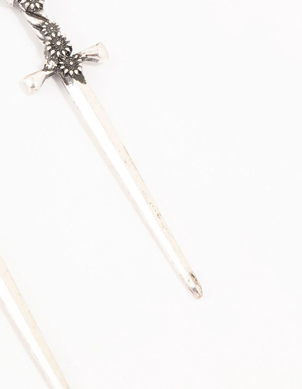 Antique Silver Floral Sword Drop Earrings - Image 3