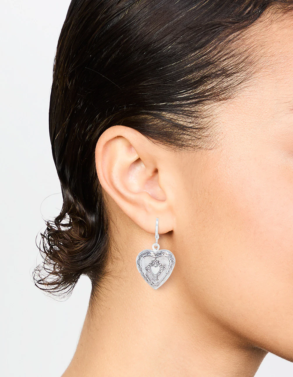 Antique Silver Heart Locket Drop Earrings - Image 2