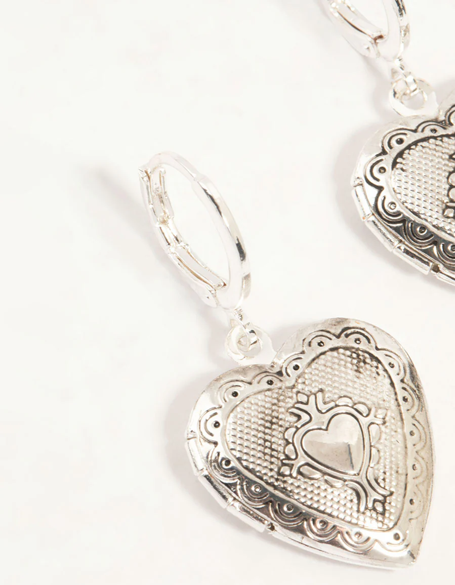 Antique Silver Heart Locket Drop Earrings - Image 4