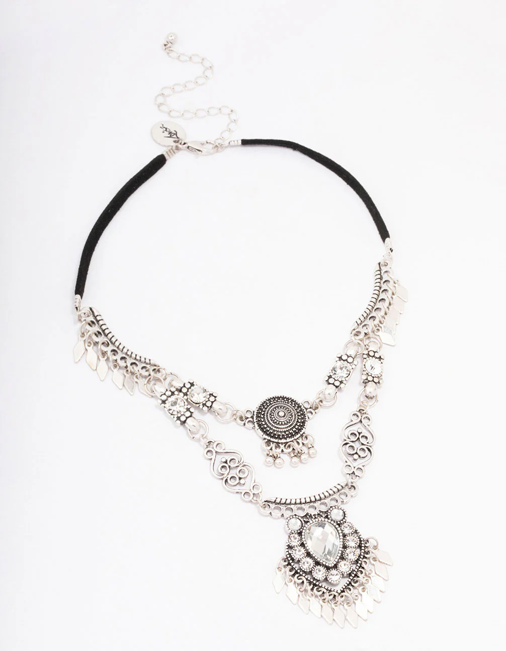 Antique Silver Metal Fringe Diamante Layered Necklace - Image 2