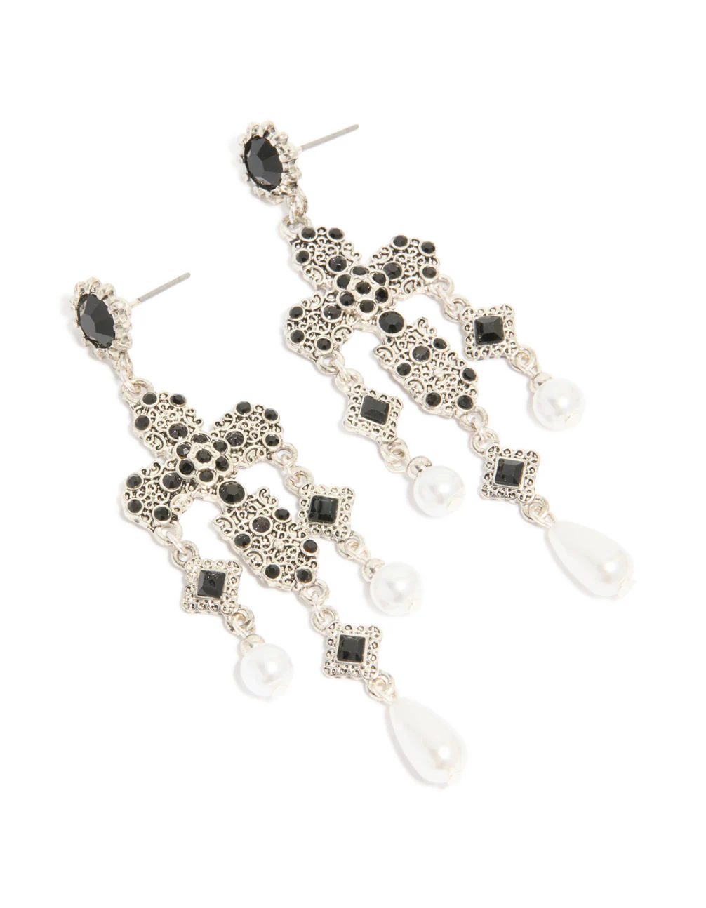 Antique Silver Pearl & Black Stone Textured Cross Drop Earrings - Image 2
