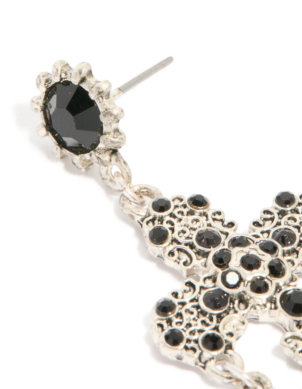 Antique Silver Pearl & Black Stone Textured Cross Drop Earrings - Image 4