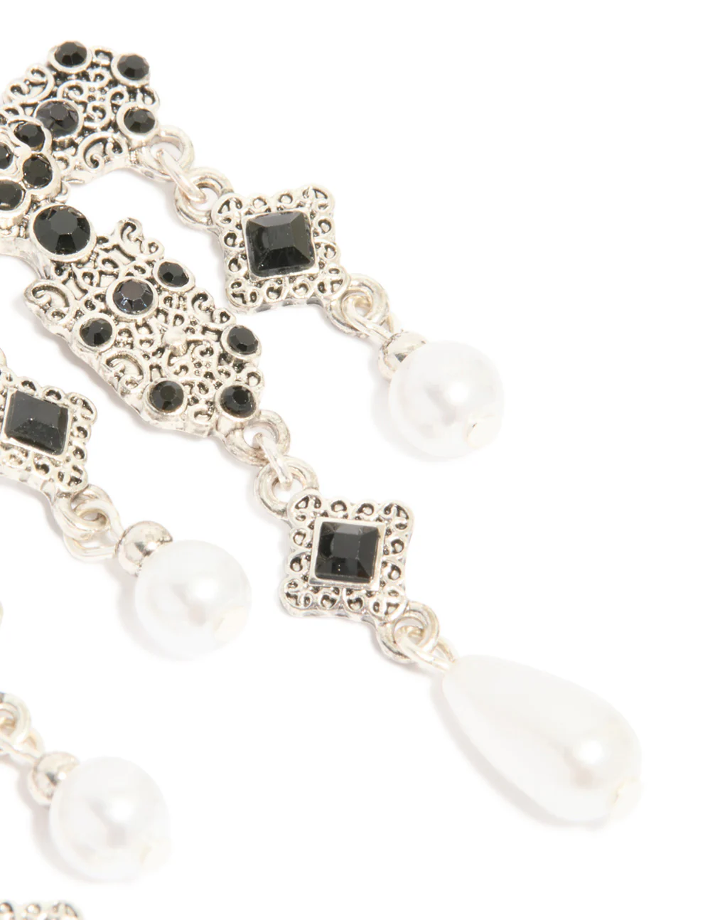 Antique Silver Pearl & Black Stone Textured Cross Drop Earrings - Image 5