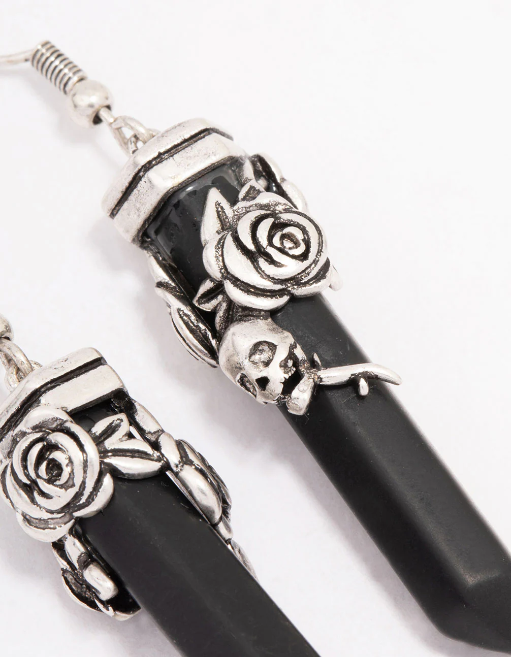 Antique Silver Skull & Black Stone Drop Earrings - Image 2