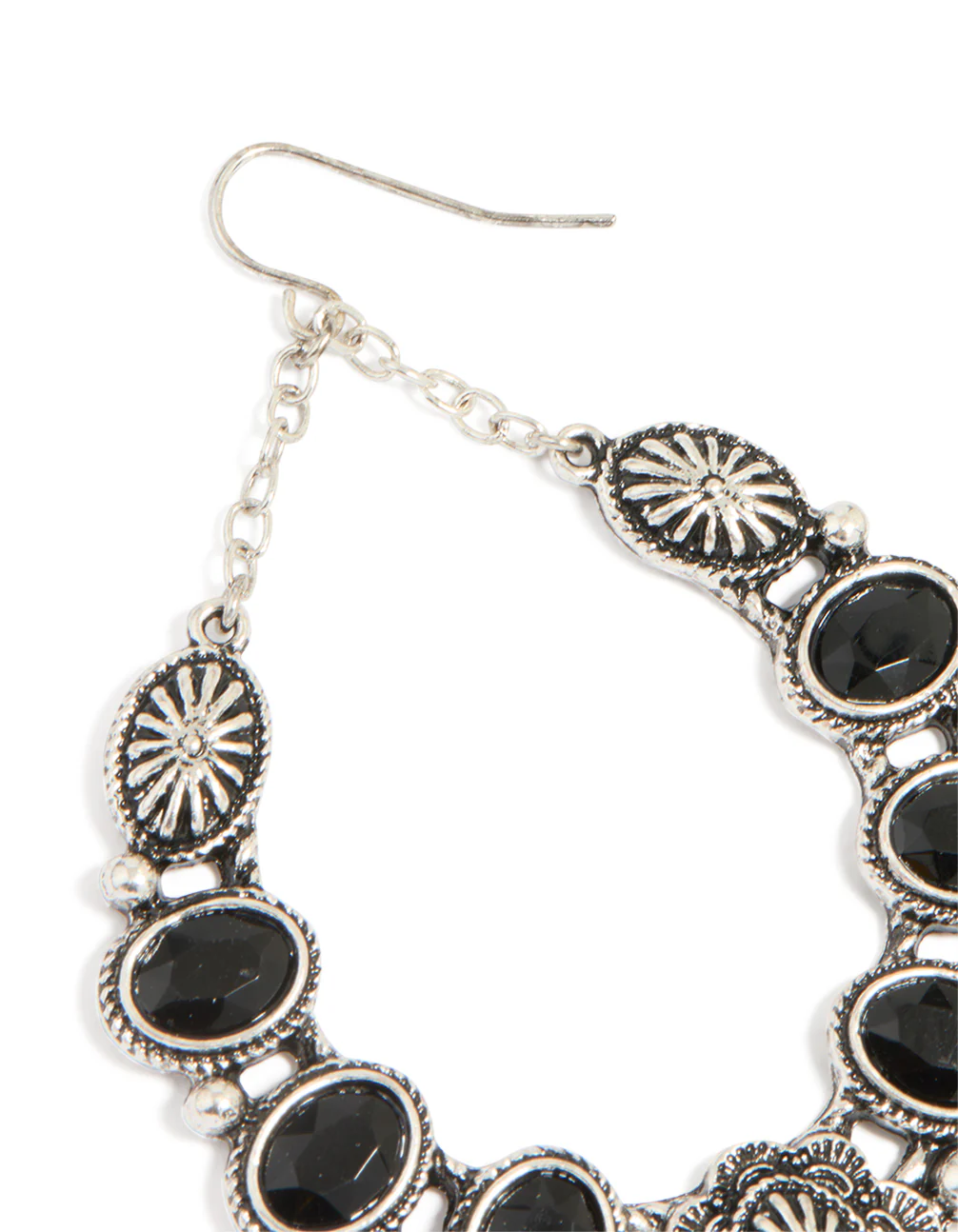 Antique Silver Textured Black Stone Oval Drop Earrings - Image 2