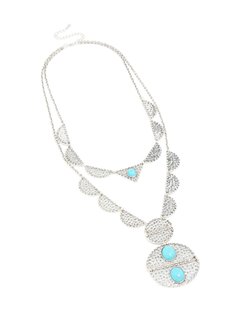 Antique Silver Textured Blue Circle Layered Necklace - Image 2