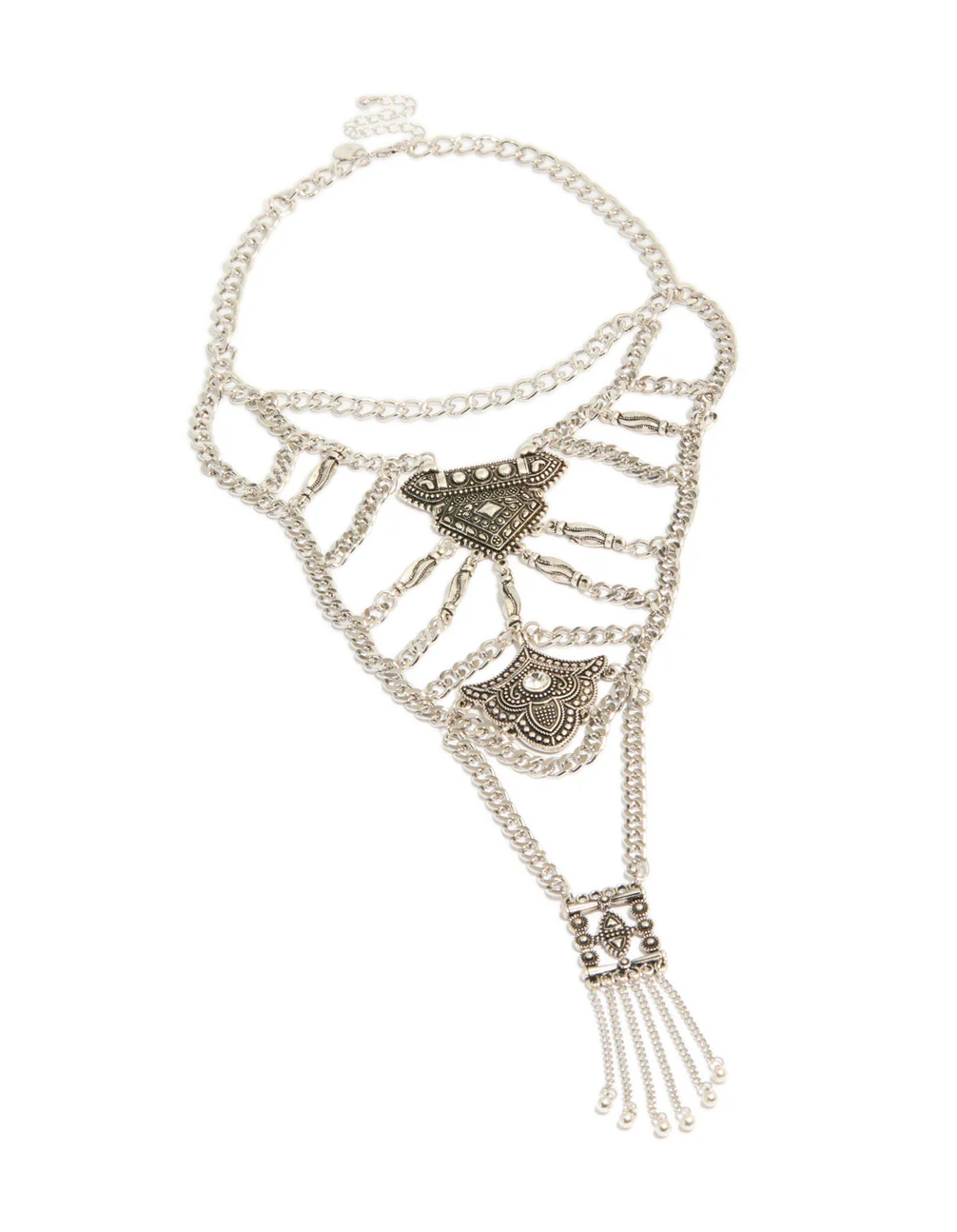 Antique Silver Textured Boho Long Chain Necklace - Image 2