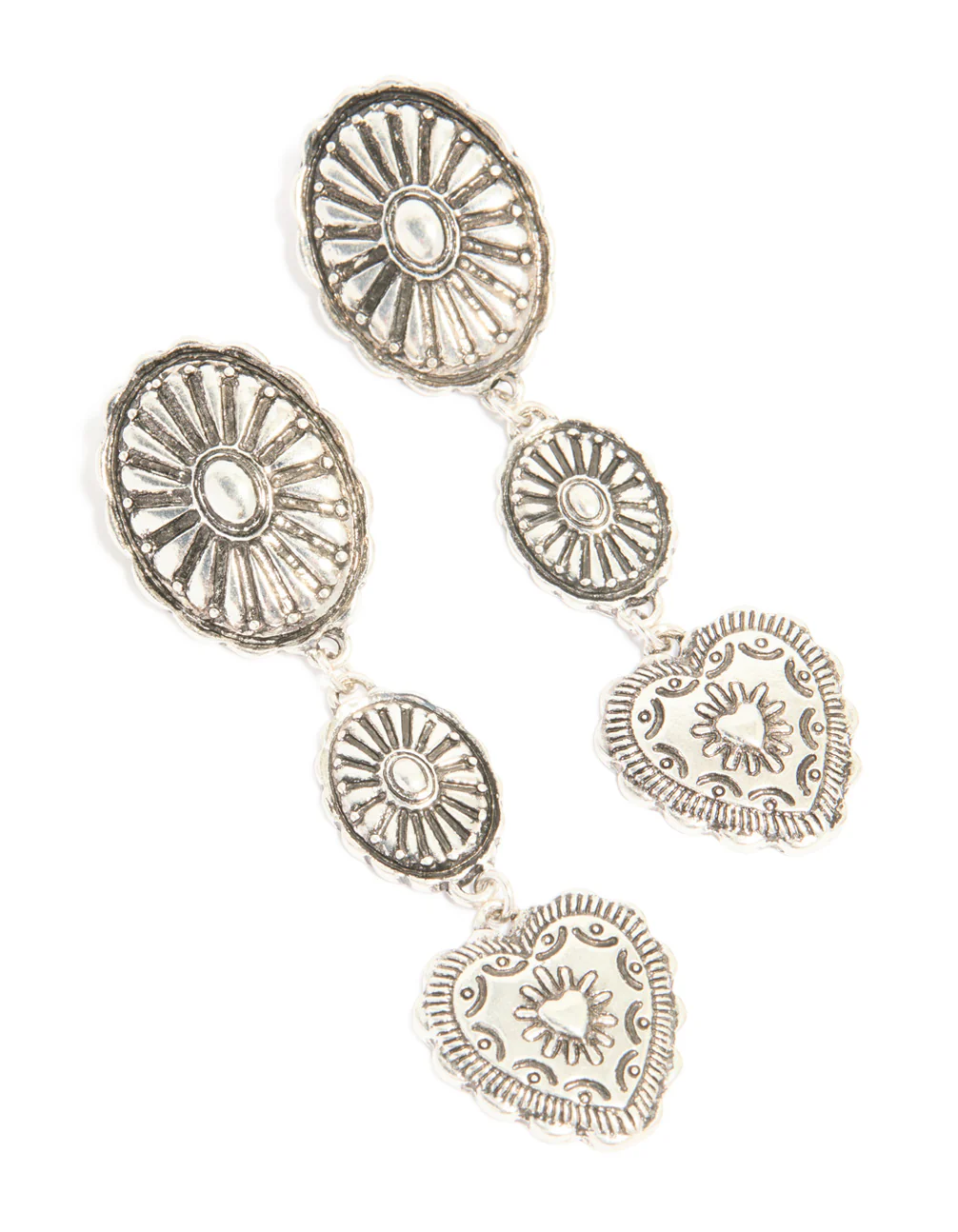 Antique Silver Textured Circle & Heart Drop Earrings - Image 2