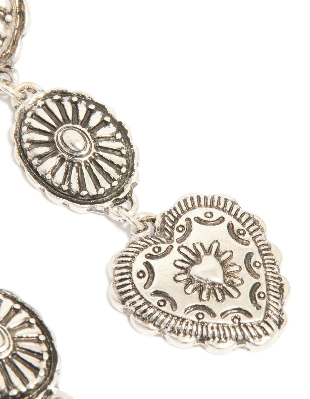 Antique Silver Textured Circle & Heart Drop Earrings - Image 5