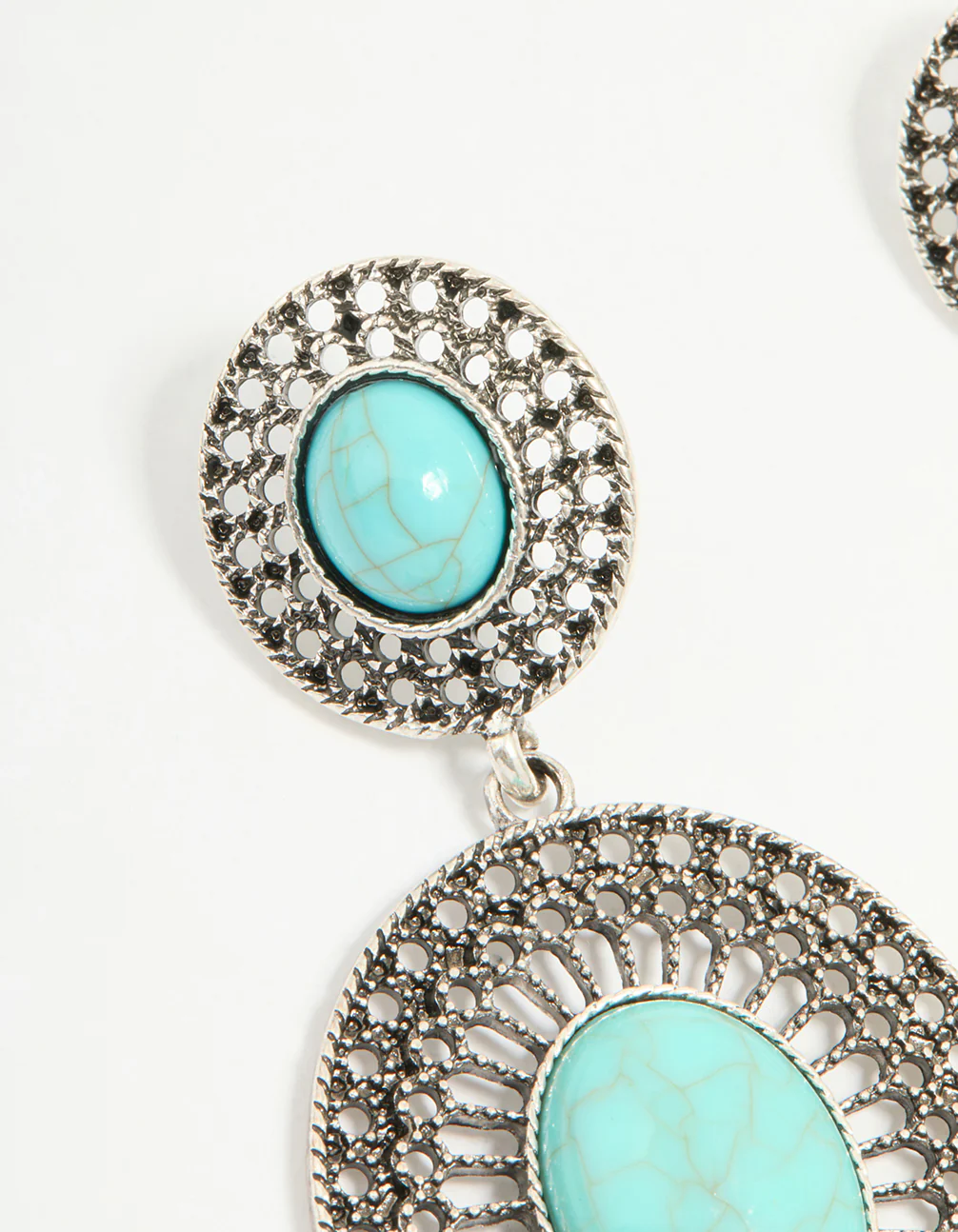 Antique Silver Turquoise Double Circle Net Drop Earrings - Image 2
