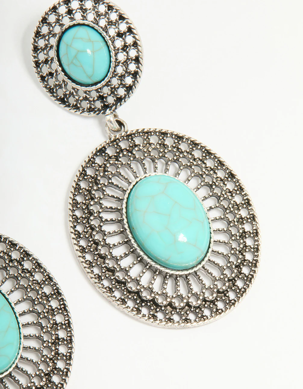 Antique Silver Turquoise Double Circle Net Drop Earrings - Image 3