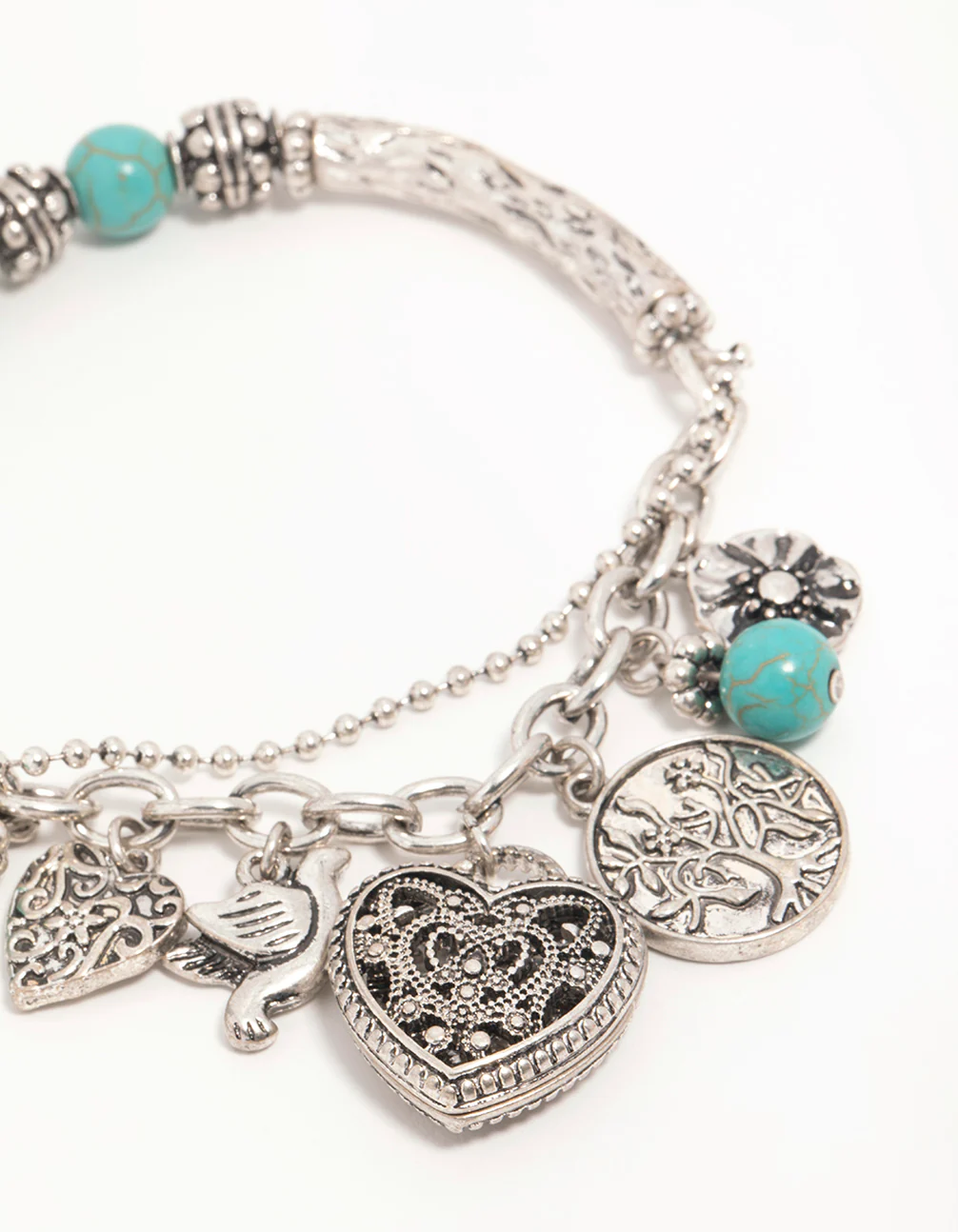 Antique Silver Turquoise Heart Charm Stretch Bracelet - Image 2
