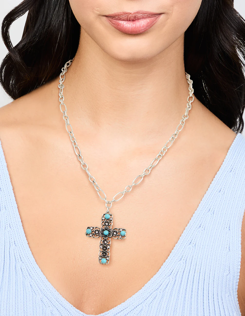 Antique Silver Turquoise Stone Cross Pendant Necklace - Image 2