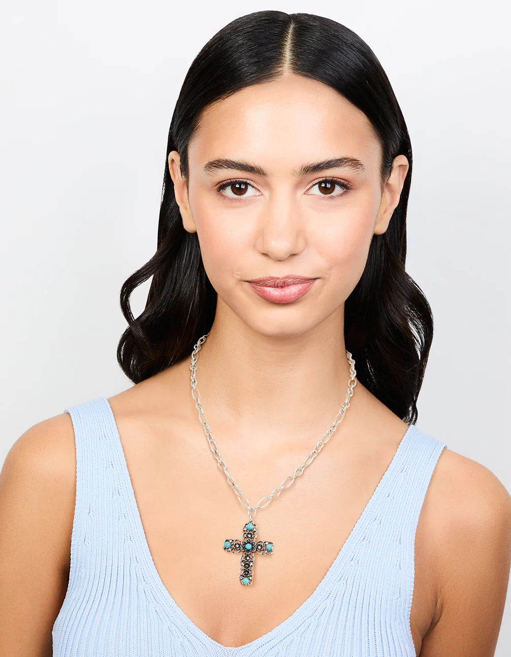 Antique Silver Turquoise Stone Cross Pendant Necklace - Image 3