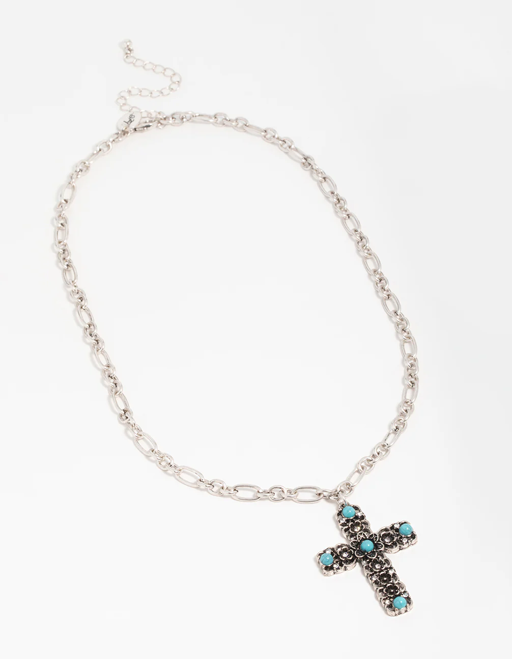 Antique Silver Turquoise Stone Cross Pendant Necklace - Image 4