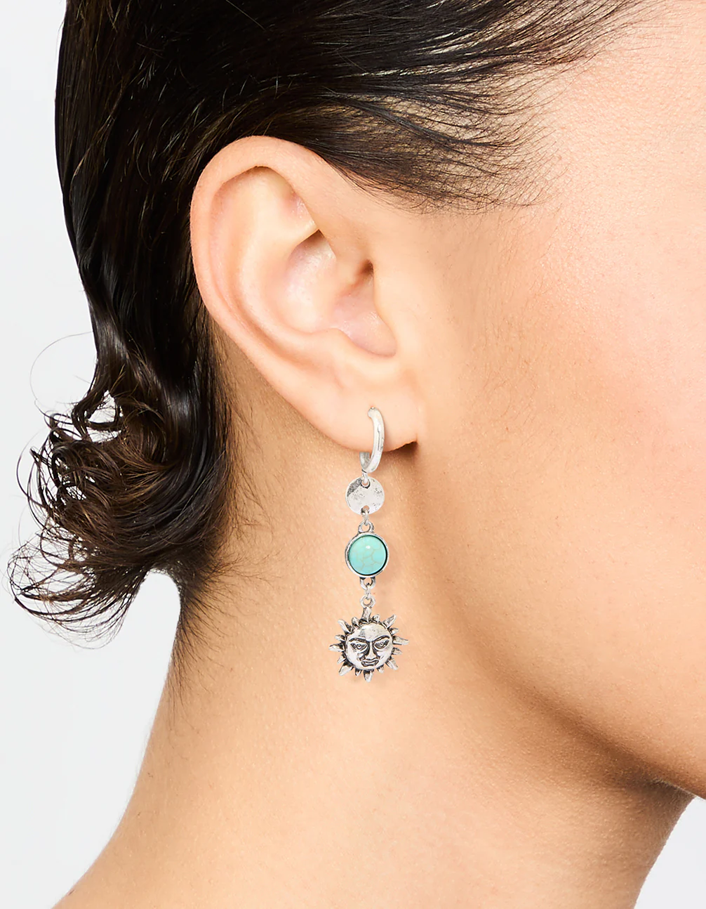Antique Silver Turquoise Stone & Sun Drop Earrings - Image 2