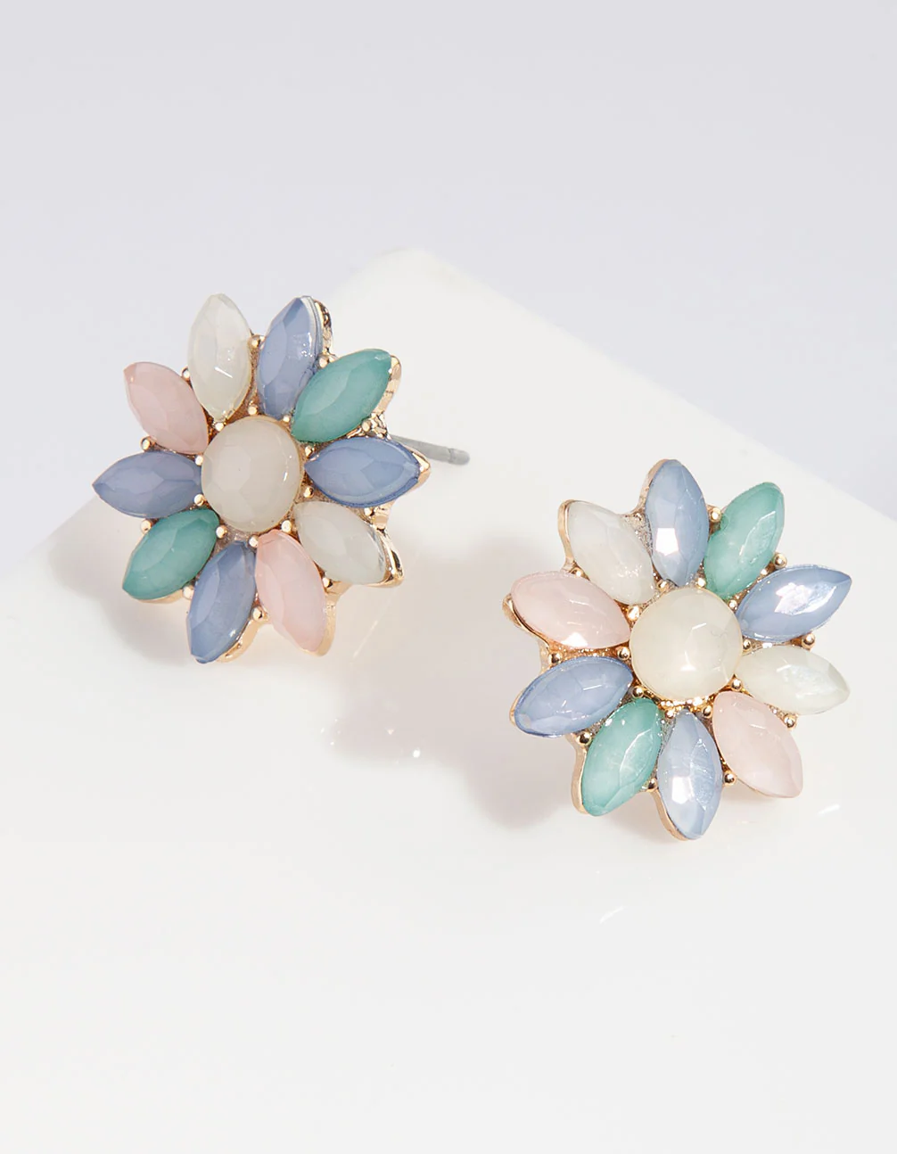 Gold Round Crystal Flower Stud Earrings - Image 2