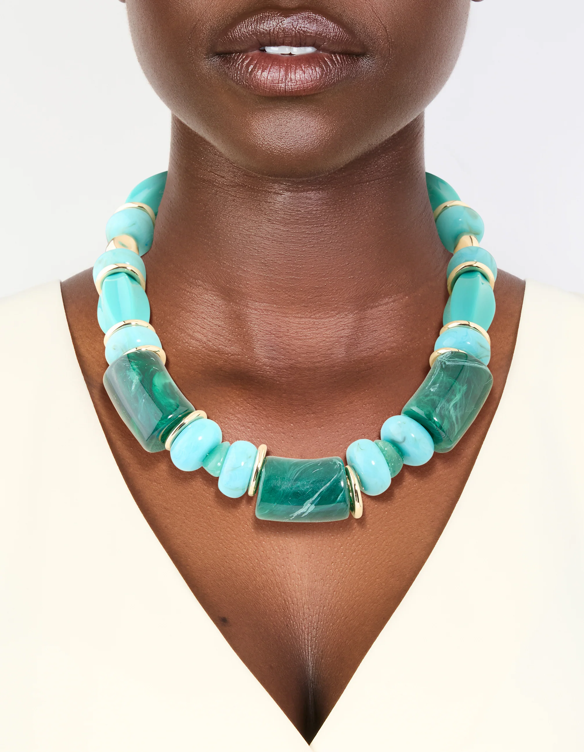 Aqua & Turquoise Acrylic Beaded Square & Round Chunky Necklace - Image 2