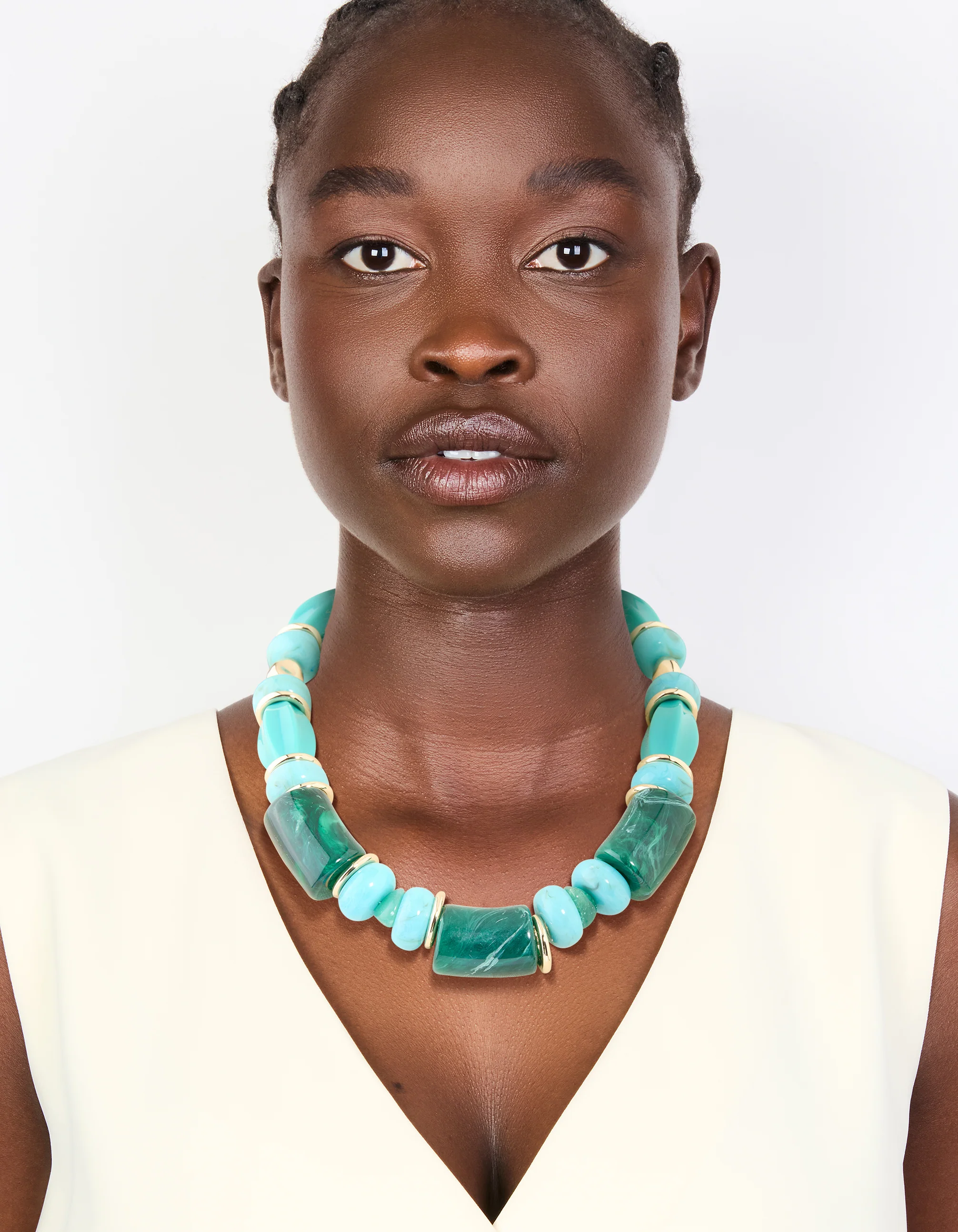 Aqua & Turquoise Acrylic Beaded Square & Round Chunky Necklace - Image 3