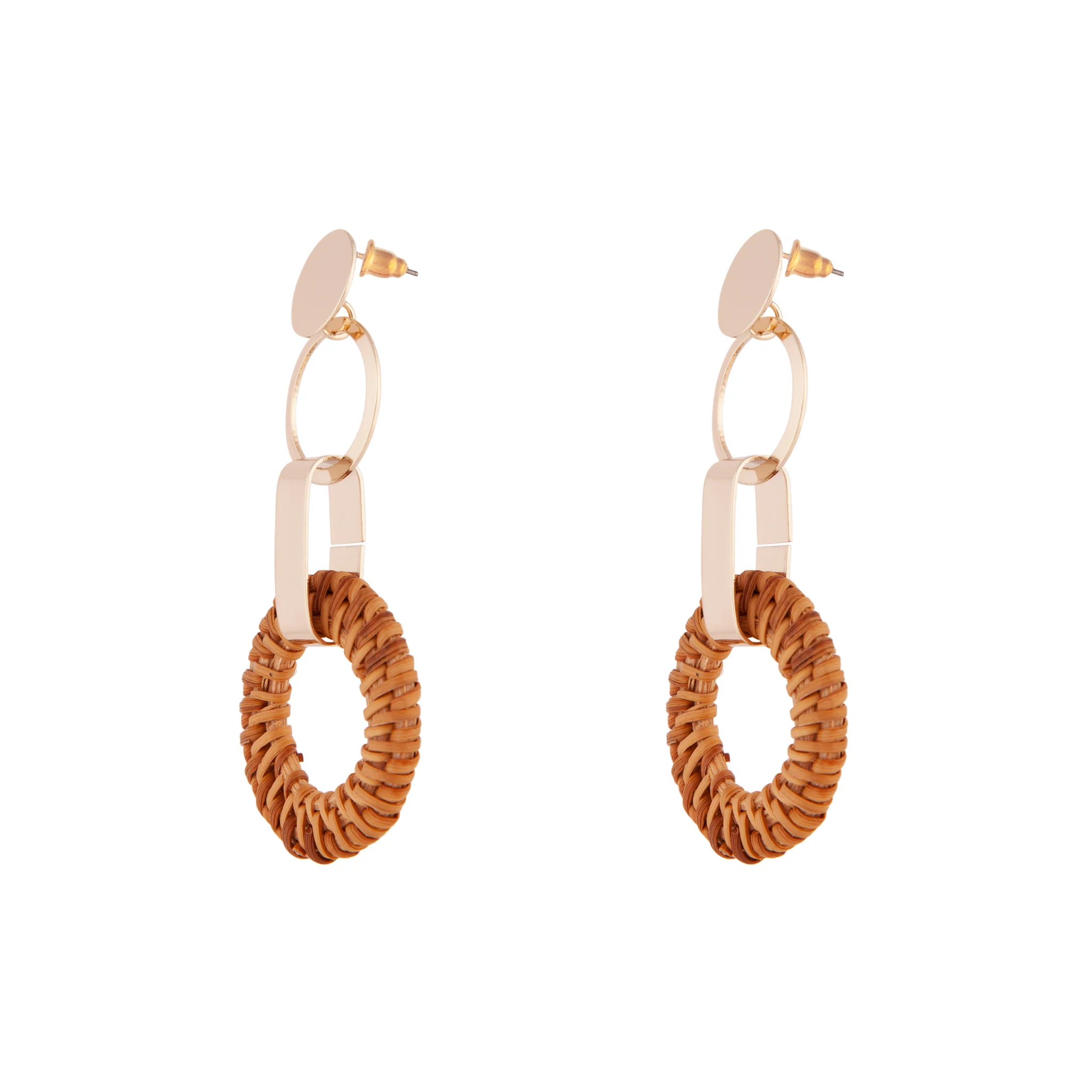 Gold Brown Raffia Circle Link Earrings - Image 2