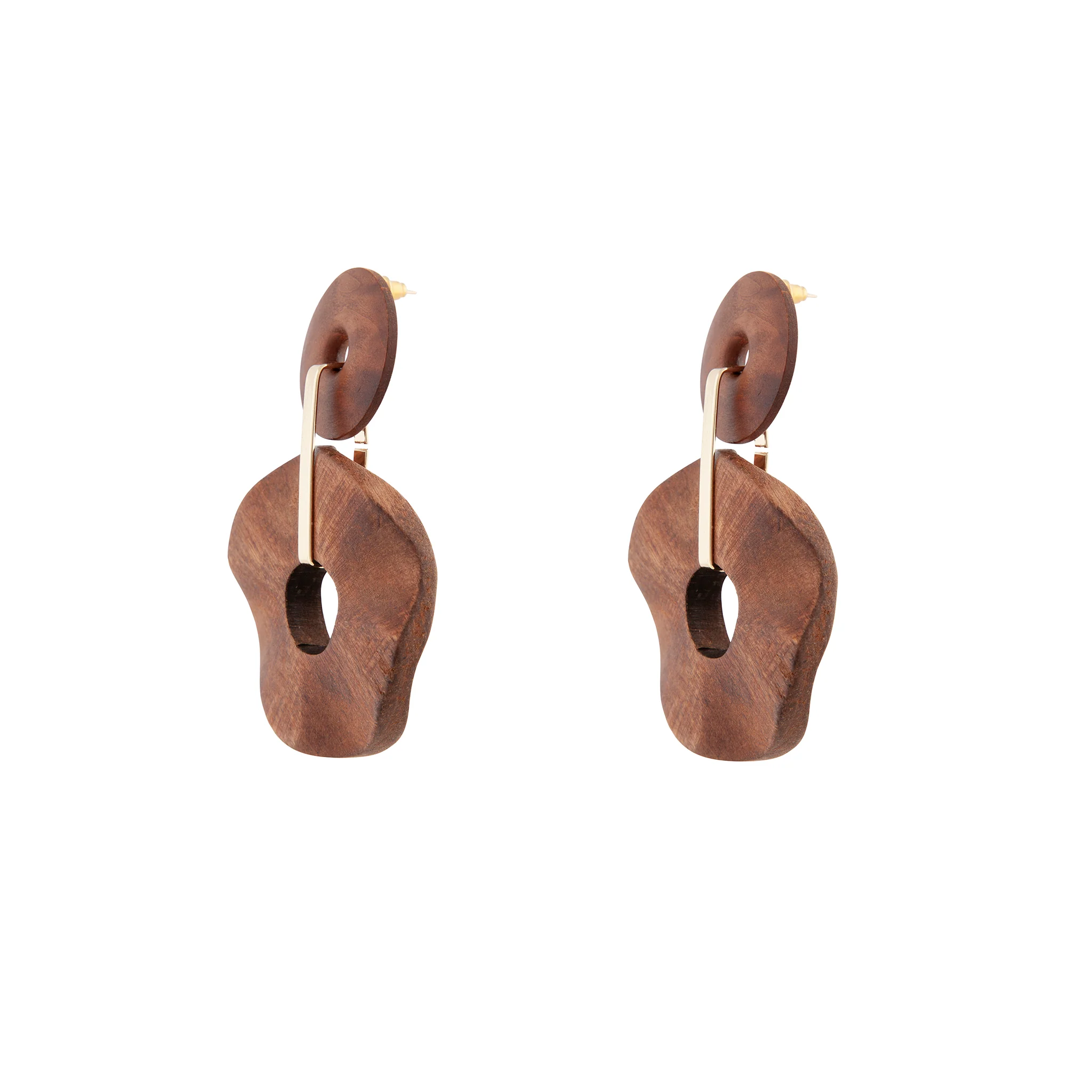 Brown Wooden Wavy Disc Earrings - Image 3