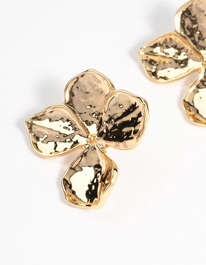 Gold Plated Brass Hammered Petal Stud Earrings - Image 2