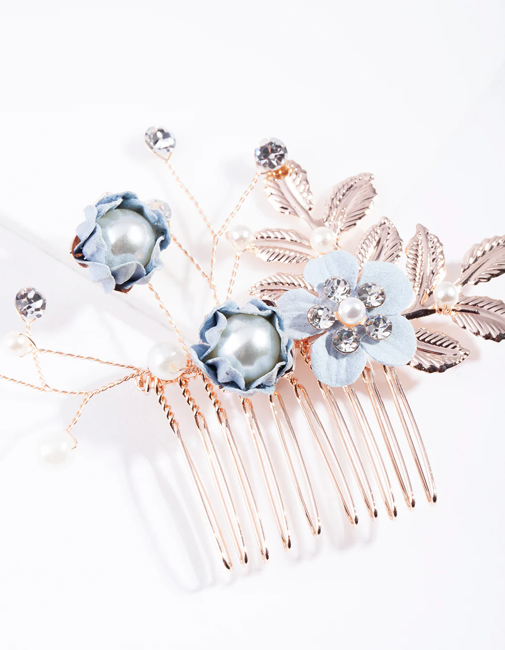 Blue Rose Gold Fabric Flower Comb - Image 2