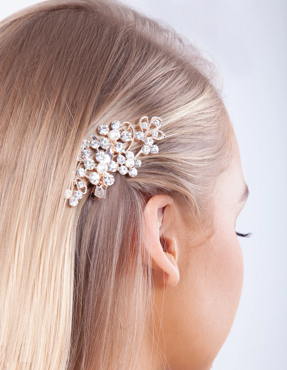 Rose Gold Floral Crystal Pearl Hair Clip - Image 4