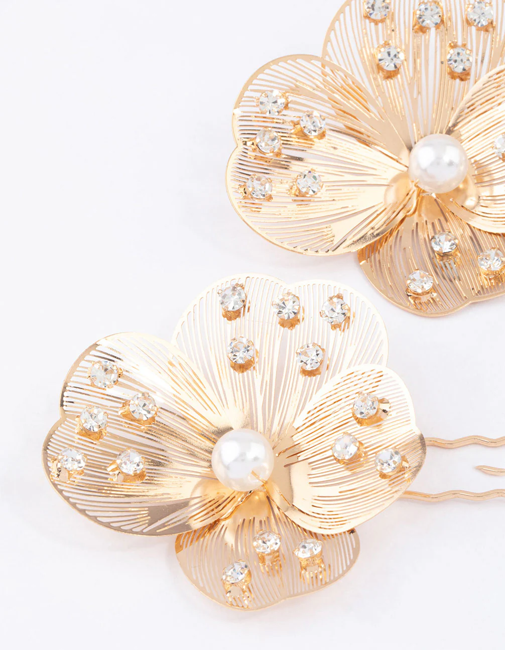 Gold Pearl Etched Flower Hair Pin Pack - Image 2