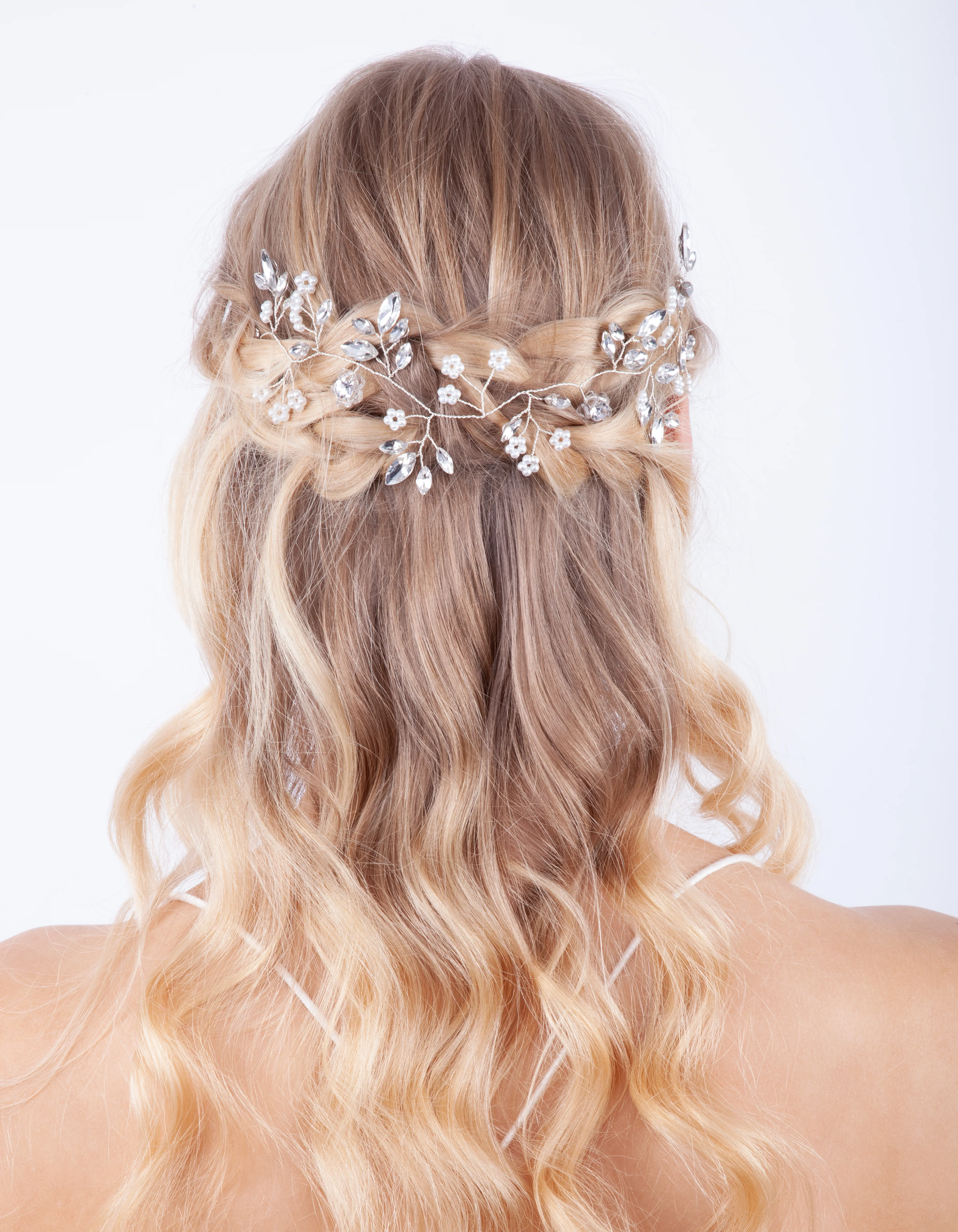 Silver Faceted Pearl Leaf Hair Vine - Image 2