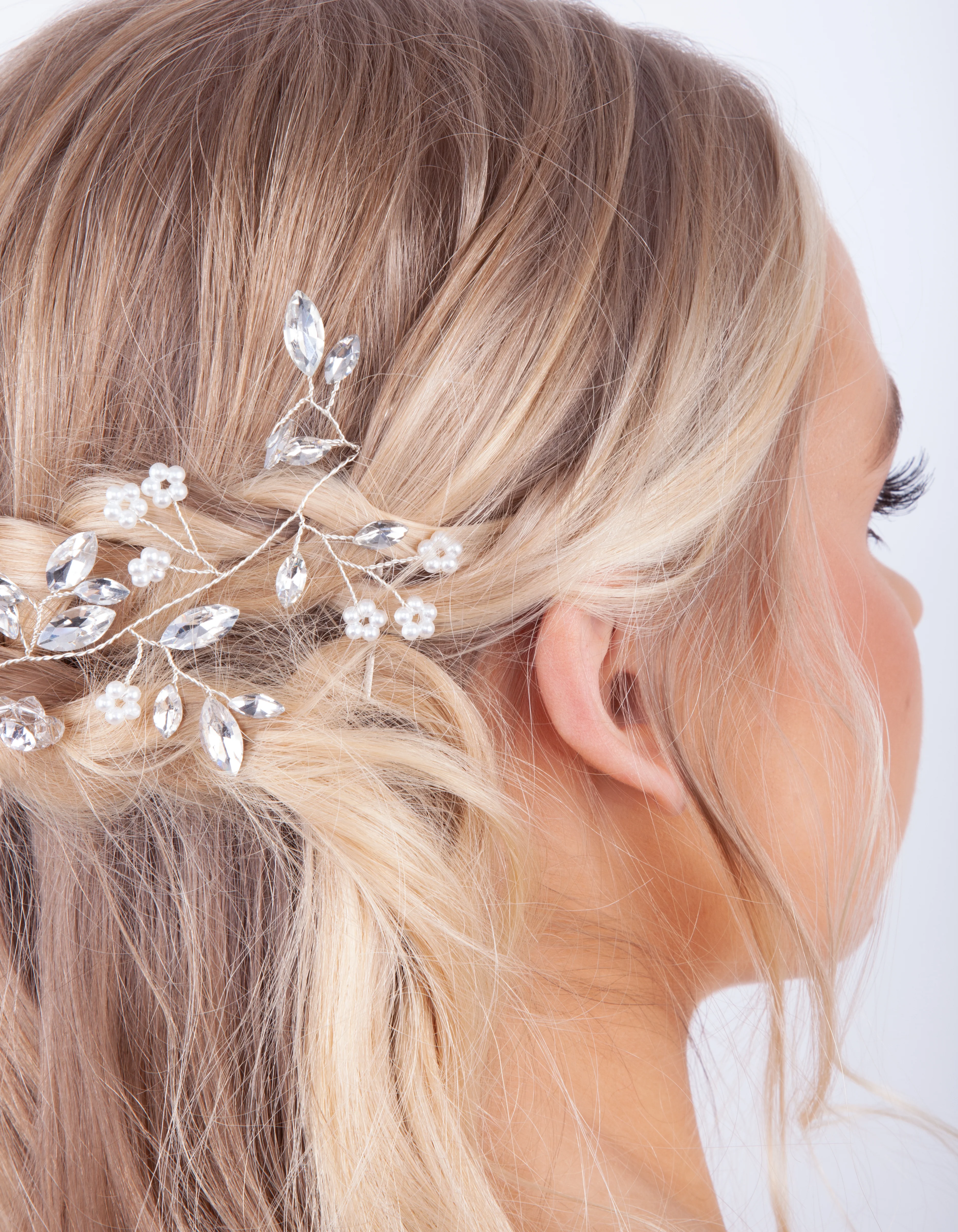 Silver Faceted Pearl Leaf Hair Vine - Image 3