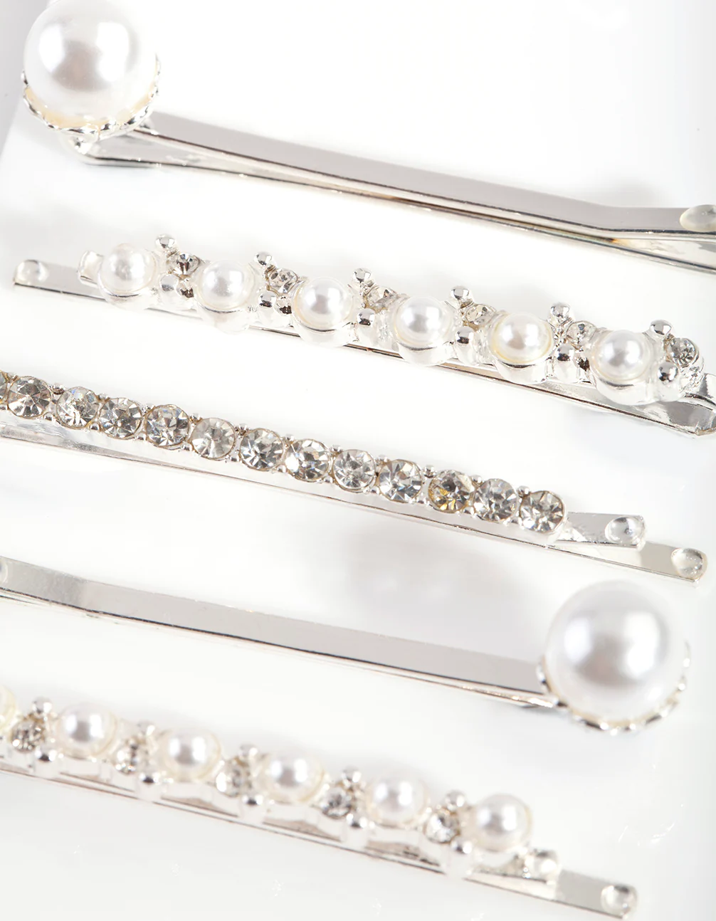Silver Pearl & Crystal Hair Clip 6-Pack - Image 2