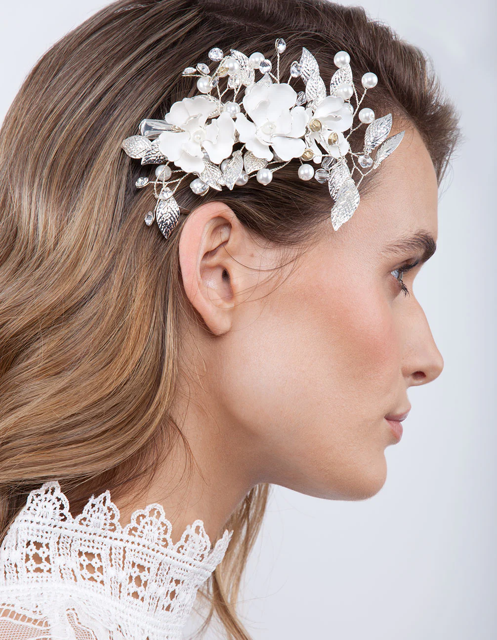 Silver White Floral Hair Clip - Image 2