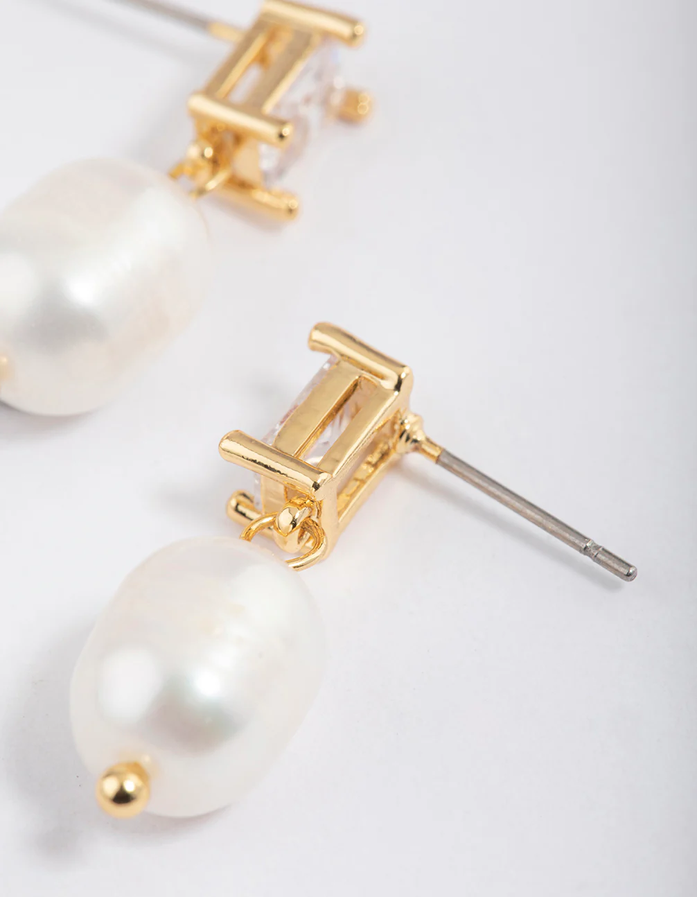 Gold Plated Cubic Zirconia Baguette & Freshwater Pearl Drop Earrings - Image 2