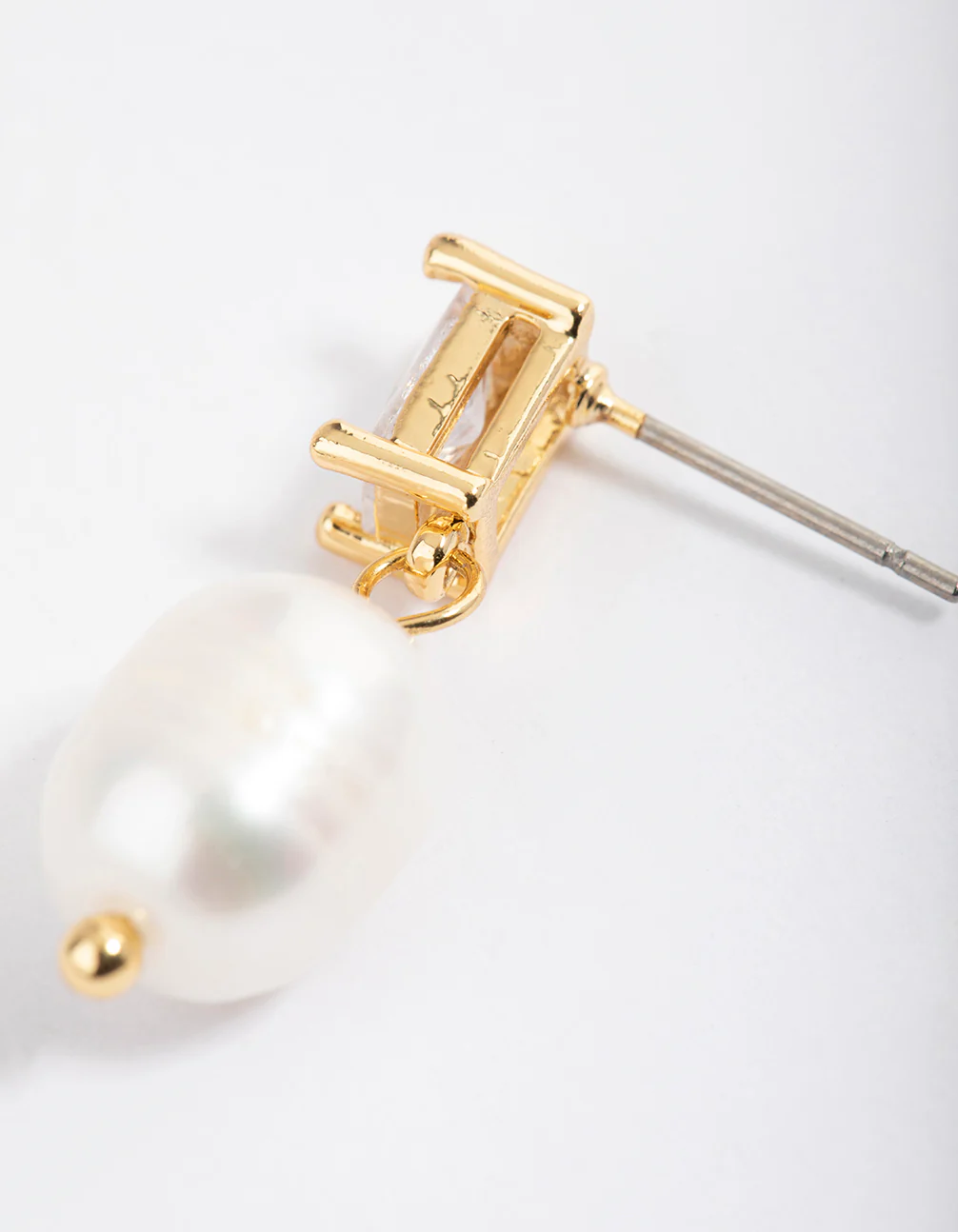 Gold Plated Cubic Zirconia Baguette & Freshwater Pearl Drop Earrings - Image 3