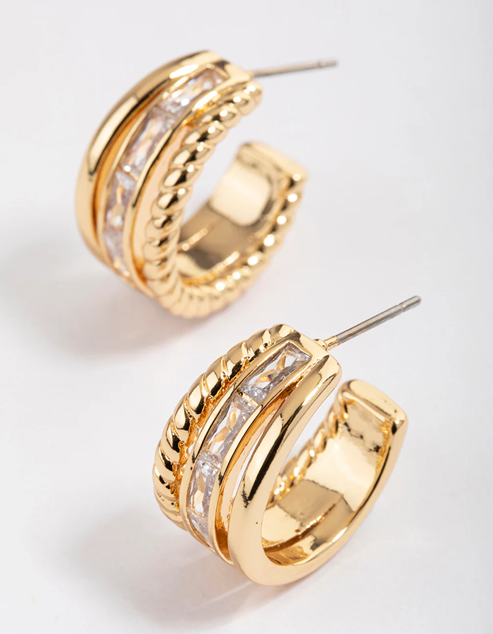 Gold Plated Cubic Zirconia Baguette Twisted Hoop Earrings - Image 2
