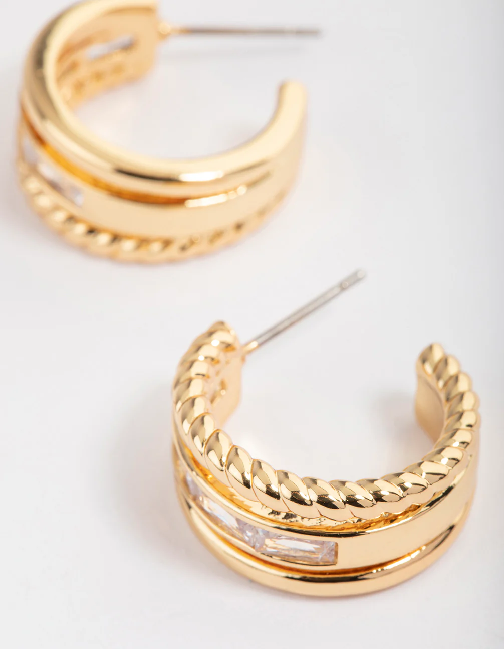 Gold Plated Cubic Zirconia Baguette Twisted Hoop Earrings - Image 3