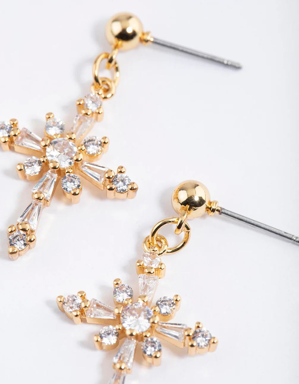 Gold Plated Cubic Zirconia Ornate Cross Drop Earrings - Image 2