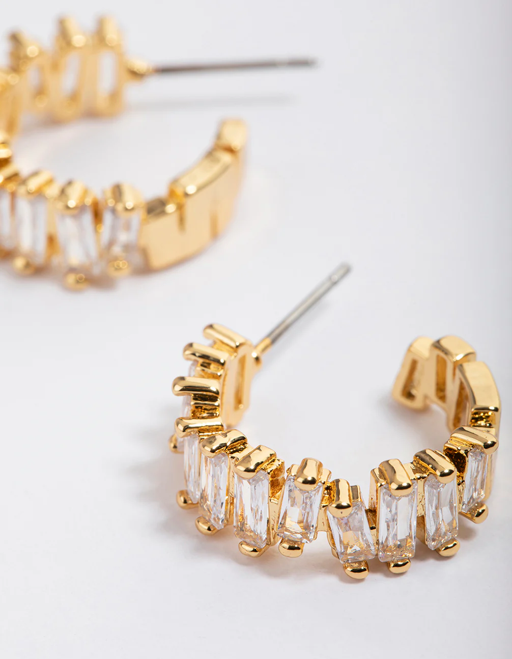 Gold Plated Organic Cubic Zirconia Baguette Hoop Earrings - Image 3
