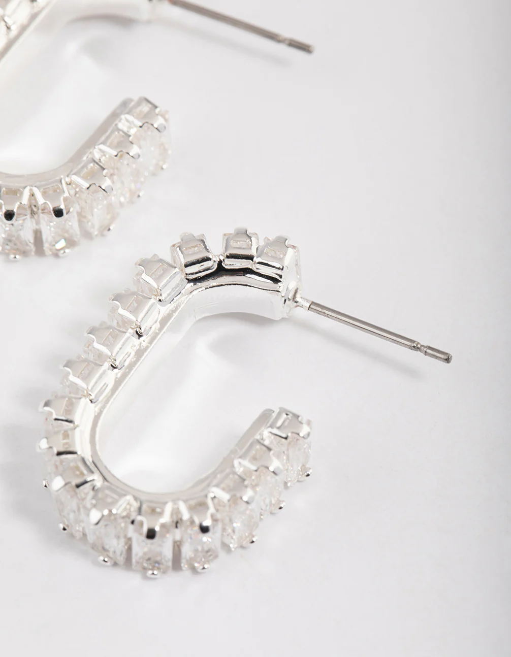 Silver Plated Oval Horizontal Baguette Hoop Earrings - Image 3