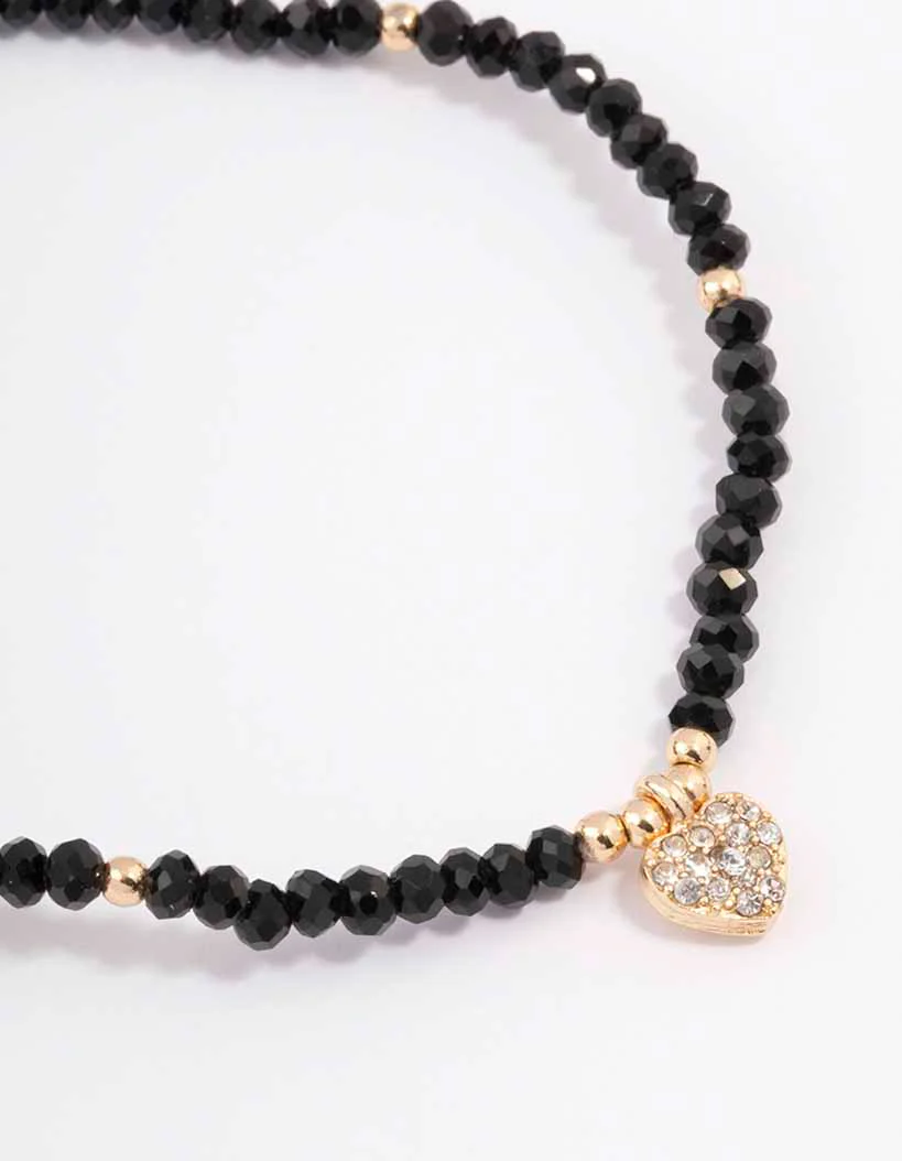 Black Beaded Simple Toggle Heart Charm Bracelet - Image 2