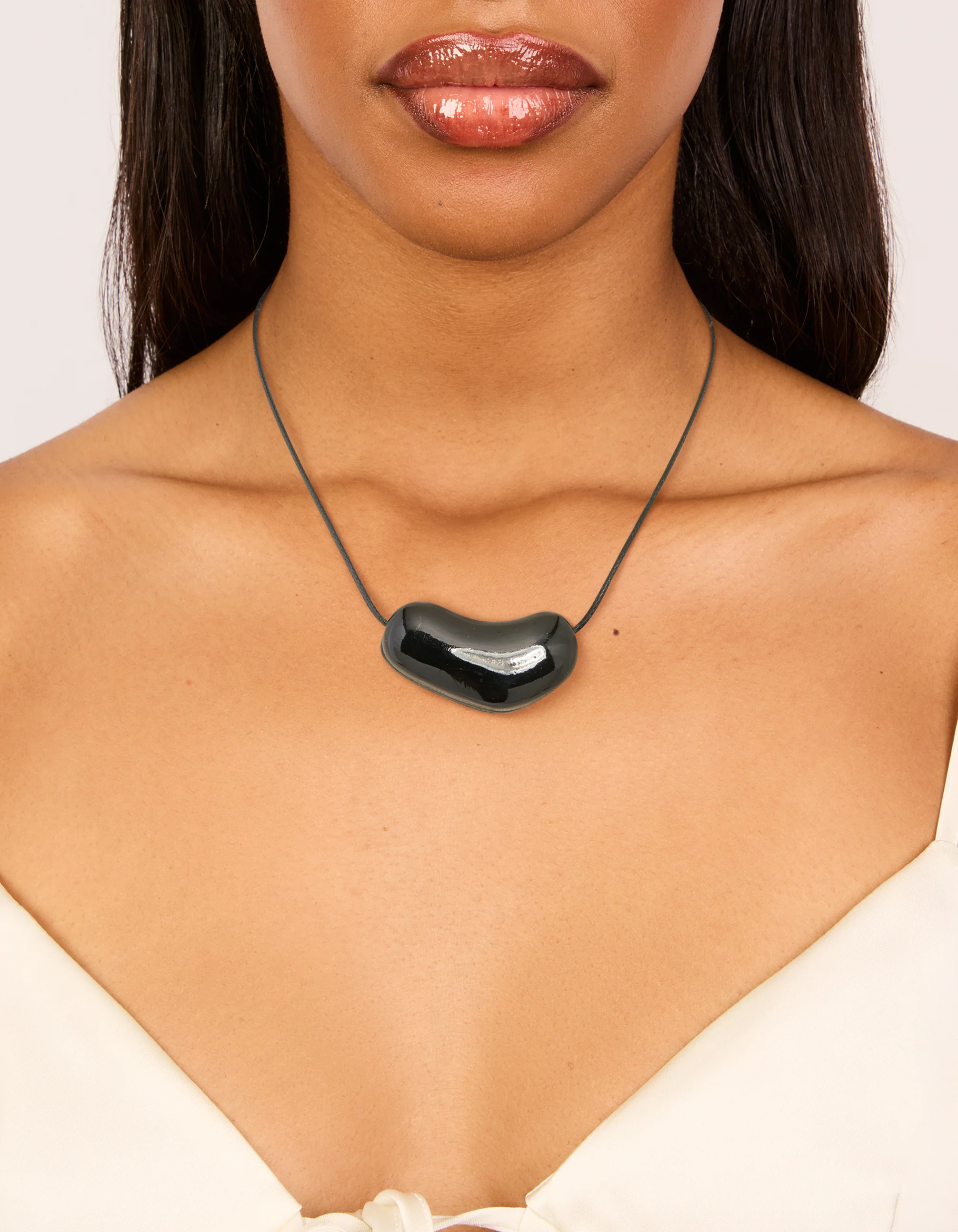 Black Coated Metal Baby Pebble Orb Cord Necklace - Image 2