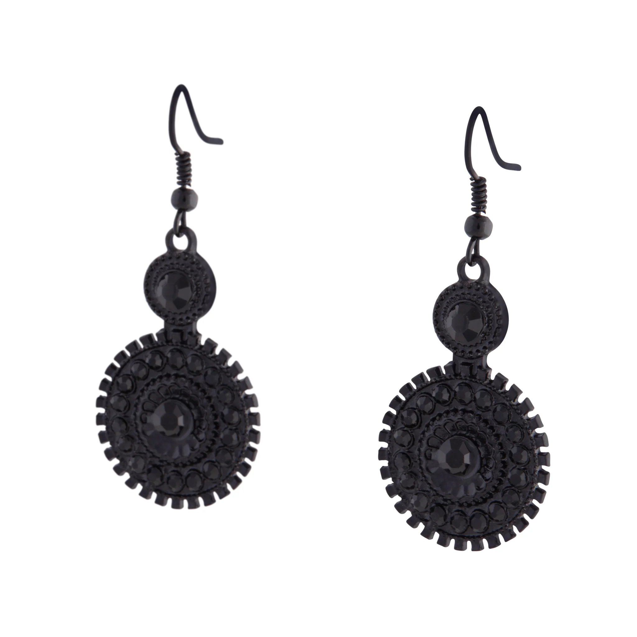 Black Coated Metal Double Circle Drop Earrings - Image 2