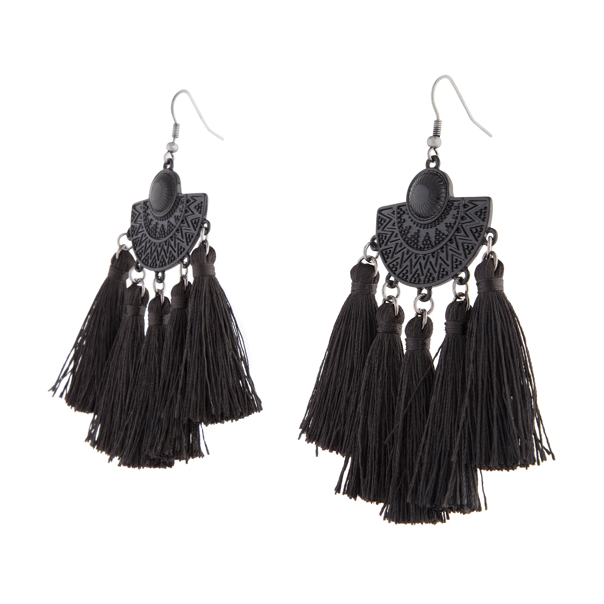 Black Coated Etched Shield 5 Tassel Earrings - Image 2