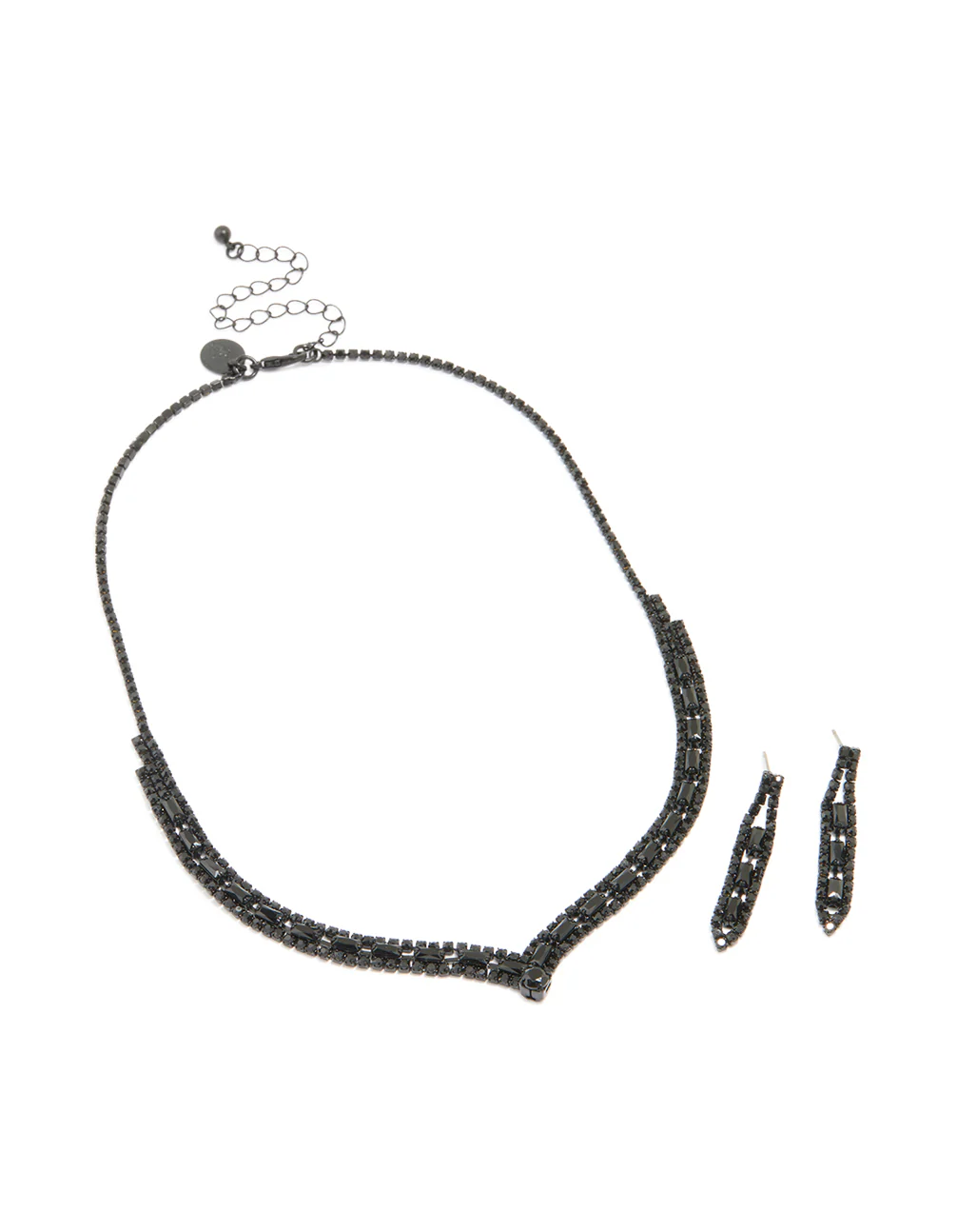 Black Coated Metal Rectangle Pointed Necklace & Earrings Set - Image 2